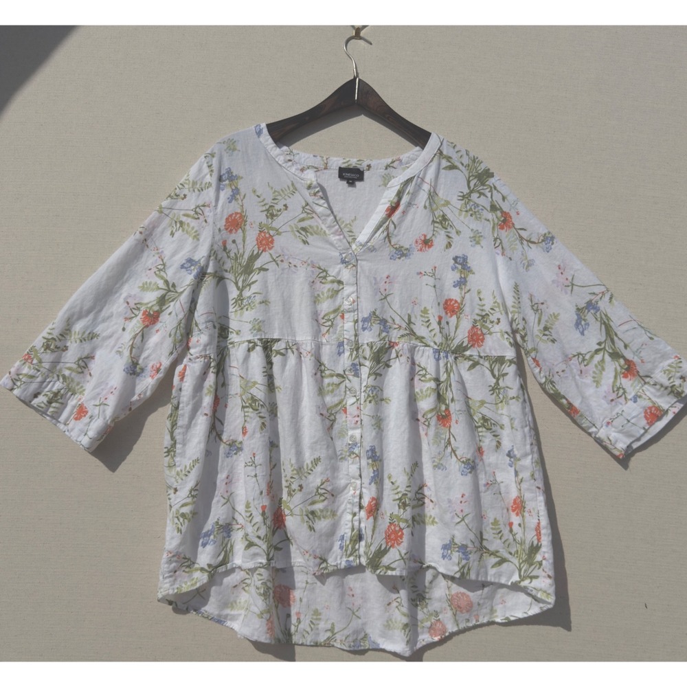 Jones New York Floral Linen Blend Empire Waist Tunic Top White 1X
